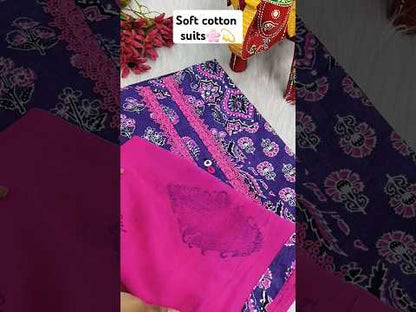 Dark purple pure soft cotton unstitched salwar material, fancy buttons on yoke(lining optional)pink cotton bottom, block printed fancy chiffon dupatta with tapings. CODE AP251002