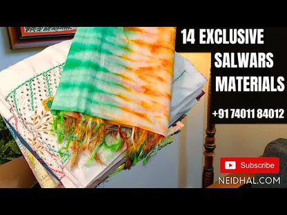 Denim blue south handloom cotton unstitched salwar material, applique work on yoke(lining needed)dark blue cotton bottom, block printed pure cotton full length dupatta. CODE FB252305