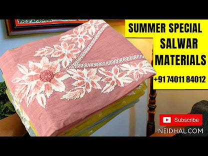 Mehandhi yellow & beige block printed semi georgette unstitched salwar material,(lining needed)panel design, faux mirror work on front, yellow silk cotton bottom, block printed dual shaded fancy chiffon dupatta.(TAPING NEEDED) JN260107