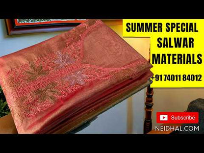 Off white base mul chanderi unstitched salwar material, embroidery on front, applique & embroidery with cutwork daman, (Lining Needed) silky bottom, (PINK)batik design on soft silk cotton dupatta. OC260809
