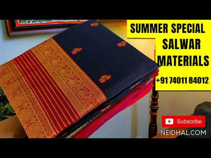 Dark blue premium handloom cotton unstitched salwar material, hand embroidered on yoke, thread woven buttas all over(lining needed)dual shaded handloom cotton bottom, handloom cotton dupatta with borders& tassels. CODE AG251811