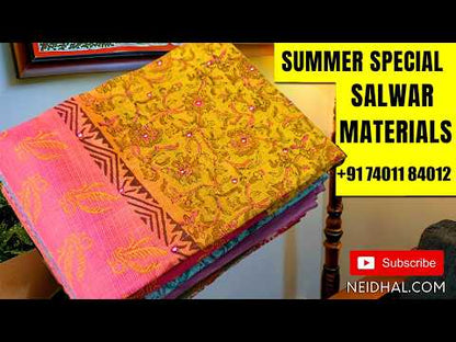 Light green premium pure cotton unstitched salwar material,hand embroidery &faux mirror work on yoke (soft,lining optional)block printed multicolour cotton bottom,hand block printed dual shaded soft kota cotton dupatta. JN260418