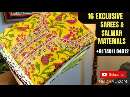 Beige base bandhini printed jute flex cotton unstitched salwar material, embroidered& potli buttons on yoke(lining needed)Maroon cotton bottom, dual shaded block printed pure cotton dupatta. CODE OC240814