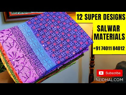 Half white fancy silk cotton unstitched salwar material, rich zari& sequins work on yoke(thin, lining needed)Dark maroon santoon bottom, bandhini printed pure soft cotton dupatta with gold tissue pallu. CODE JN252908