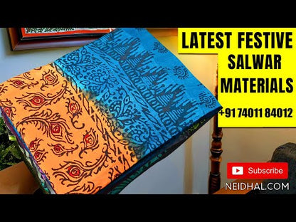 Half White glazed cotton unstitched salwar material (lining needed) chikankari embroidery work on front, daman design, lavender cotton bottom, brush paint work on chiffon dupatta with lace tapings. DC252315