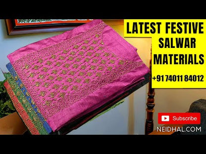 Premium beetroot Purple silk cotton unstitched salwar material, (lining needed) sugar bead, cut bead work on yoke, matching silk cotton bottom, gold & silver zari buttas on silk cotton dupatta with tassels. JA261011