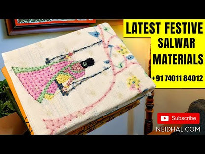 Pink south handloom cotton unstitched salwar material (lining needed) thread woven buttas allover, matching drum dyed cotton lining provided, NO BOTTOM, block printed kota silk cotton dupatta. DC252421