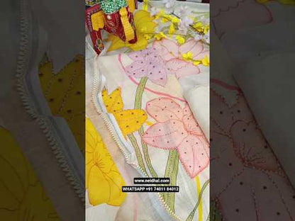 Half white designer digital printed semi linen unstitched salwar material, zardozi& bead work on front(thin, lining needed)matching spun cotton bottom, digital printed semi linen dupatta with silver tissue borders& lace tapings. CODE JL252301