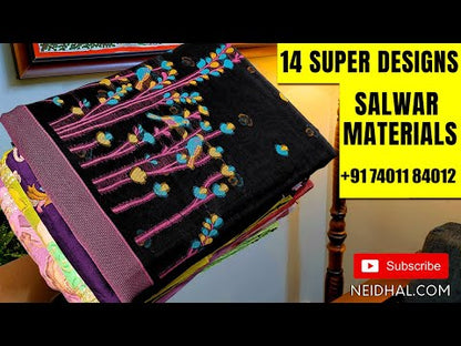 Lavender crinkled jimmy choo with silver tint unstitched salwar material, lace work on yoke, rich cut work on panel pattern(thin, lining needed)matching silky bottom, brush painted chiffon dupatta with lace tapings. CODE AG251612