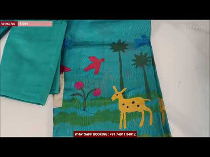 Light leafy green silk cotton digital printed unstitched salwar material (Thin, Lining Needed)matching cotton drum dyed bottom, digital printed silk cotton dupatta. SP260708