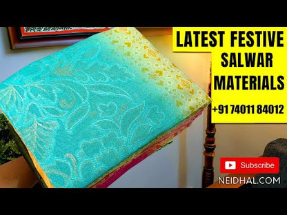 Patola printed pastel Pink premium linen unstitched salwar material(lining needed) mehandhi yellow jakard embroidery daman, matching silky bottom, printed dual shade linen dupatta with jakard pallu. JA262404