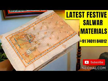 Rani pink slub silk cotton unstitched salwar material, potli buttons on yoke, zari buttas all over, organza fabric with zari woven on daman,(lining needed)dark blue silk cotton bottom, zari buttas on silk cotton dupatta with organza pallu. FB262202