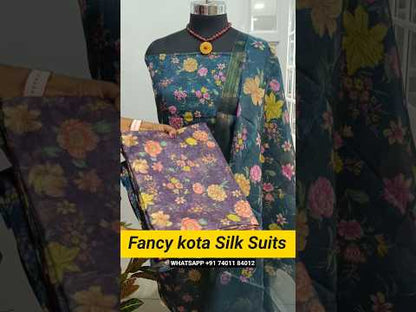 Dark maroon floral printed fancy kota silk cotton unstitched salwar material(thin, lining needed)matching silky bottom, fancy kota silk cotton dupatta with gold tissue borders. CODE AG250604