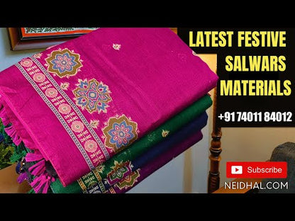 Black designer premium jamdani woven silk cotton unstitched salwar material,ajrakh weaving on daman,tiny buttas on front(thin, lining needed) silk cotton bottom,silk cotton dupatta ajrakh weaving pallu. SP251206