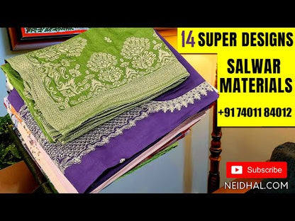 Bright green south handloom cotton unstitched salwar material, fancy buttons on yoke(lining optional)blue cotton bottom, floral printed pure cotton dupatta with crochet lace work. CODE FB250812