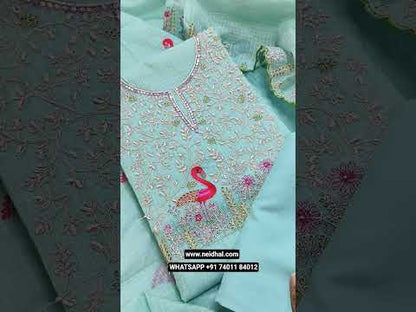 Pale green premium kota unstitched salwar material, rich embroidered on yoke& front(thin fabric, lining needed)matching spun cotton bottom, embroidered premium kota dupatta with scallop edges. Code JL252213