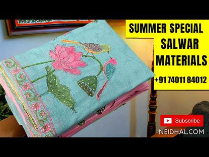 Turquoise Blue  jamdani woven premium tussar silk unstitched salwar material, (Thin, textured, lining needed) gold and silver zari weaving on daman, silk cotton bottom, full length jamdani woven tussar silk dupatta. SP251318