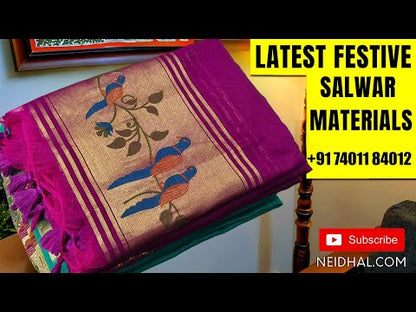 Digital printed fenugreek Yellow semi linen unstitched salwar material (textured, Lining Needed) V neck, hand embroidery & bead work on neck line, matching silky bottom, digital printed semi linen dupatta. OC252811