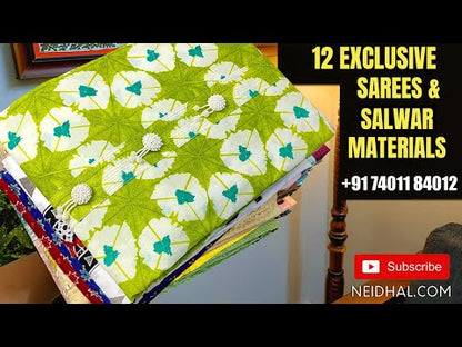 Mossy green designer abstract printed premium cotton unstitched salwar material, fancy buttons on yoke(lining optional)printed cotton bottom, shibori dyed fancy chiffon dupatta with tapings. CODE AP250605