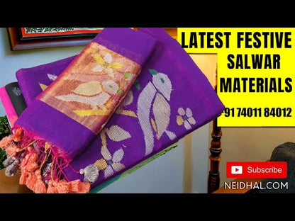 Pastel green jamdani woven premium silk cotton unstitched salwar material(thin, lining needed)matching santoon bottom, jamdani woven premium silk cotton full length dupatta with thin gold zari lines. CODE AG253002