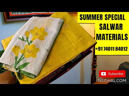 Black premium tussar unstitched salwar material,thread, zarodzi and  faux mirror work on yoke,gold and silver zari buttas all over, rich weaving daman,(thin fabric, lining needed)santoon bottom, buttas on tussar dupatta with rich contrast pallu. OC260506
