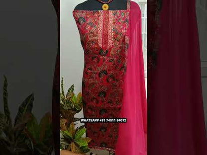 Bright pink jam cotton unstitched salwar material, brocade yoke patch(lining optional)matching cotton bottom, plain fancy chiffon dupatta with lace tapings. CODE AG251016