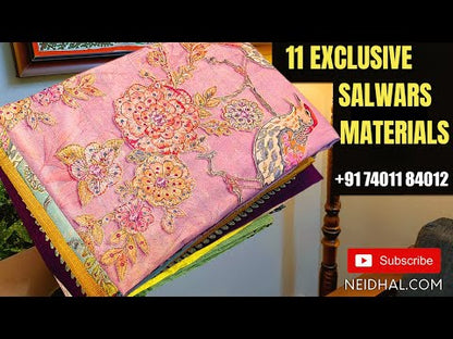 Deep wine purple fancy kota silk cotton unstitched salwar material, cross stitch embroidered on yoke(lining needed)matching silky fabric provided for both bottom& lining, embroidered fancy kota silk cotton dupatta with scallop edges. CODE JN250616