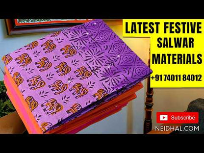 Beige & turquoise green hand block printed cotton unstitched salwar material (lining needed)faux mirror on front,cotton bottom, dual shaded block printed pure chiffon dupatta TAPING NEEDED(over lapping of prints not consider as a defect. FB262105