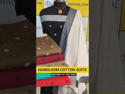 Dark greyish beige premium handloom cotton unstitched salwar material, thread woven buttas all over(lining needed)black handloom cotton bottom, handloom cotton dupatta with borders. CODE AG250306