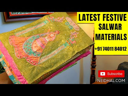 Ikat woven Black cotton unstitched salwar material (lining optional) faux mirror, french knot work on yoke, matching drum dyed cotton bottom, dual shaded hand block printed cotton dupatta. NV253008