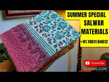 Beige handloom cotton unstitched salwar material,(lining optional)reddish maroon kalamkari hand block printed cotton bottom,kalamkari hand block printed mul cotton dupatta with contrast pallu. AG260604
