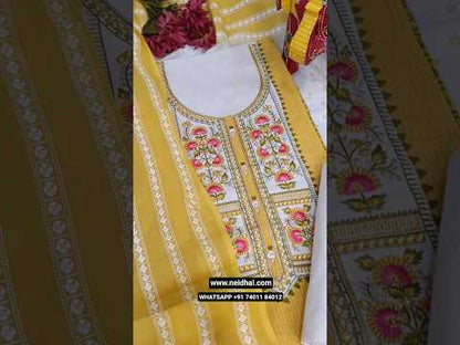 Sandal yellow pure  kantha cotton unstitched salwar material, embroidered& foil work on yoke, panel design on front(lining optional)flex cotton bottom, dual shaded cotton dupatta with thread weaving design. CODE JL252409