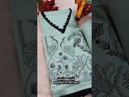 Light peachish pink spun cotton unstitched salwar material, v neck with lace work, rich embroidered on front(thin, lining needed)matching spun cotton bottom, embroidered fancy soft silk cotton short width dupatta with lace tapings. CODE JL251404