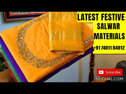 Dark blue premium silk cotton unstitched salwar material (Lining needed) zari & meenakari work on yoke, small design on front matching silky bottom, zari & minakari work on silk cotton dupatta with rich pallu. NV250718