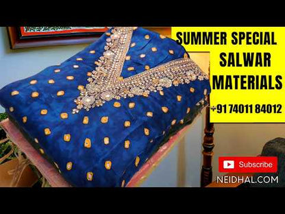 Beige base premium silk cotton unstitched salwar material,buttas all over & shaded tint,,digital printed with sequins and zari work,tissue daman,(lining needed)cotton bottom, digital printed silk cotton dupatta with tissue pallu. OC260603