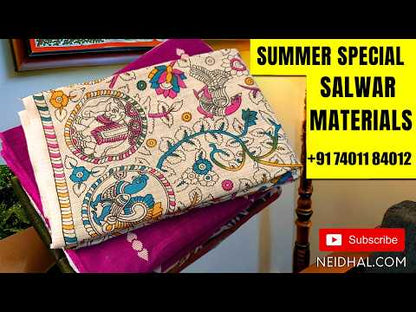 Reddish maroon slub silk cotton unstitched salwar material, thread woven buttas all over,(textured,lining needed)beige silk cotton bottom, madhubani printed jute cotton dupatta. JL263006