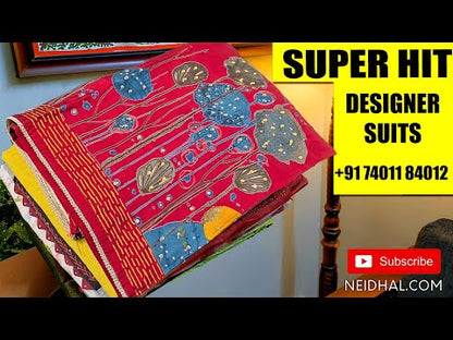 Mehandhi yellow slub cotton unstitched salwar material, wooden buttons on yoke(lining needed)vertical striped slub cotton bottom, fancy silk cotton dupatta with sequins work. CODE FB250709