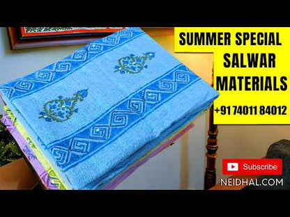 Mehandhi yellow satin cotton unstitched salwar material,kalamkari yoke patch with hand embroidery,(lining optional) black cotton bottom,abstract kalamkari printed mul cotton dupatta. JN262409