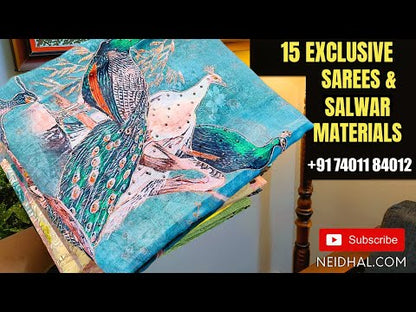 CODE NS83 : Teal blue semi linen saree(thin& light weight)warli print& silver tissue on borders, warli printed pallu with tassels, plain running blouse with silver tissue borders.