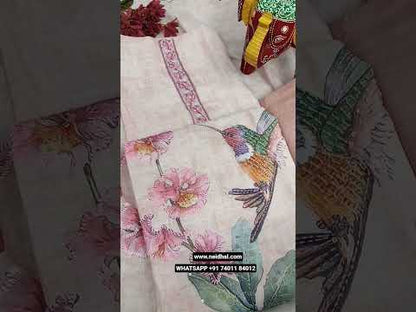 Pastel peach digital printed premium linen unstitched salwar material, hand embroidered on front(lining needed)matching santoon bottom, digital printed premium linen dupatta with hand embroidery. CODE JL252001