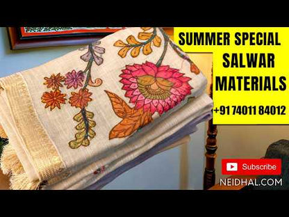 Rust orange floral printed soft cotton unstitched salwar material,zari line & real mirror work on yoke, (lining optional) matching cotton bottom, block printed kota silk cotton dupatta.JL260805