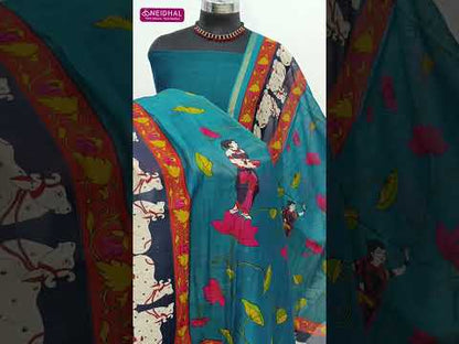 Dark teal blue pure Maheshwari silk unstitched salwar material, pichwai printed on daman(thin, lining needed)matching pure cotton bottom, printed pure Maheshwari silk dupatta.. CODE AG252408