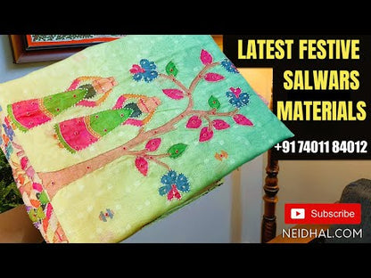 Maroon Soft Slub Silk cotton unstitched salwar material (lining optional) v neck, applique work on yoke, spun cotton bottom, digital printed spun cotton dupatta. OC252104