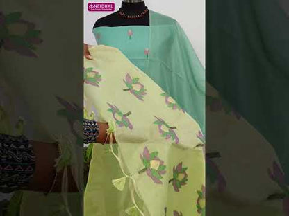Pastel green jamdani woven premium silk cotton unstitched salwar material(thin, lining needed)matching santoon bottom, jamdani woven premium silk cotton full length dupatta with thin gold zari lines. CODE AG253002