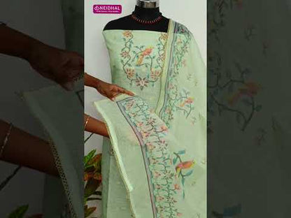 Light yellow printed kota unstitched salwar material, zari& sequins work on yoke& front, zari buttas all over(thin, lining needed)matching santoon bottom, printed kota dupatta with lace tapings. CODE SP250419