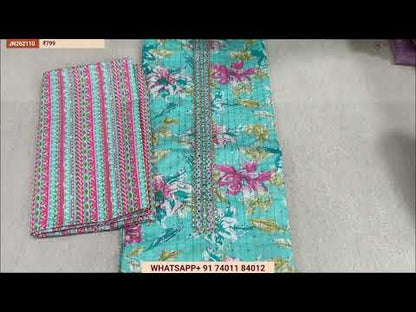 Designer pastel pink floral printed silk cotton unstitched salwar material (soft,lining needed) hand embroidery work on yoke,maroon bottom, digital printed premium silk cotton dupatta with kalamkari pallu.JN262120