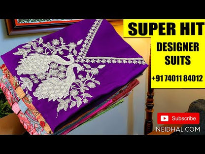 Light sand brown digital printed silk cotton unstitched salwar material, rich hand embroidered on yoke(thin fabric, lining needed)matching santoon bottom, digital printed silk cotton dupatta. CODE JA251108