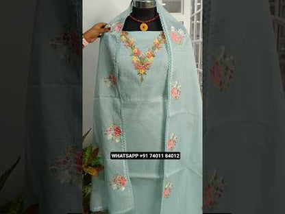 Pastel blue designer pure kota unstitched salwar material, v neck with hand embroidery& sequins work(thin, lining needed)matching spun cotton bottom, embroidered kota dupatta with lace tapings. CODE AG251109