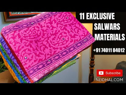 Black base pure cotton unstitched salwar material, v neck with sequins work, polka prints all over(lining optional)vertical printed cotton bottom, vertical printed pure cotton full length dupatta. Code AP251201