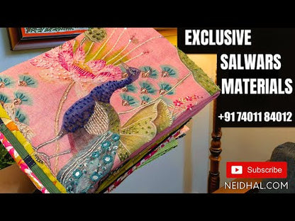 Yellow hand block printed pure cotton unstitched salwar material(lining needed)printed cotton bottom, hand block printed pure mul cotton dupatta with crochet lace work. CODE JA250112